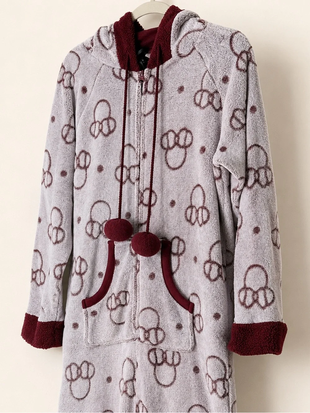 Disney Plush Fleece Hooded One-Piece Pajama Jumpsuit Pom Pom Zip Burgundy Gray L